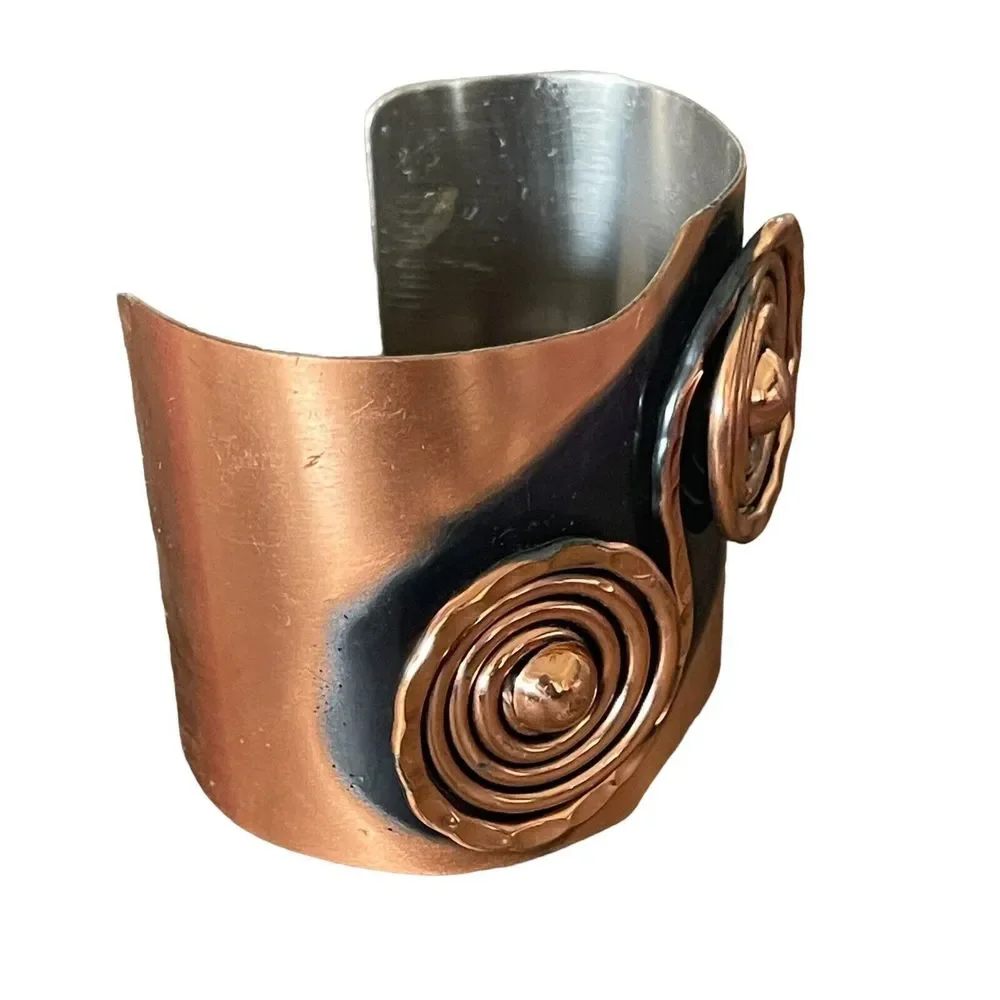Signed Handmade Renoir 1950s Modernist Scroll Motif Copper Cuff Bracelet Runway